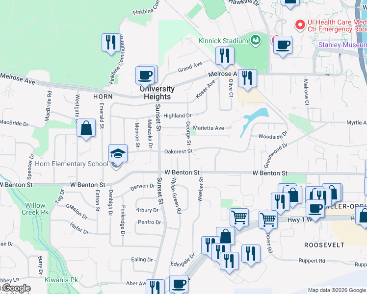 map of restaurants, bars, coffee shops, grocery stores, and more near 1202 Oakcrest Street in Iowa City