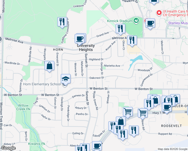 map of restaurants, bars, coffee shops, grocery stores, and more near 1308 Oakcrest Street in Iowa City