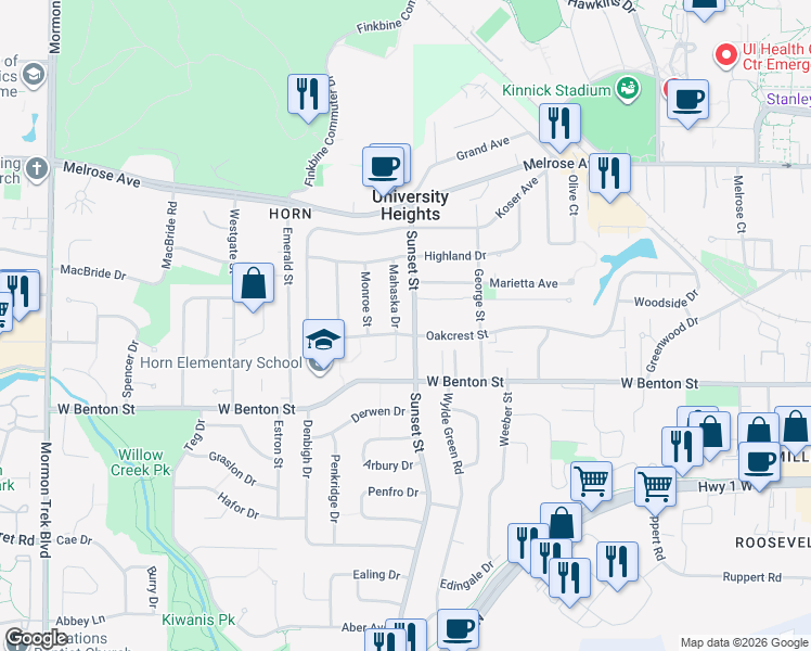 map of restaurants, bars, coffee shops, grocery stores, and more near 1342 Oakcrest Street in Iowa City