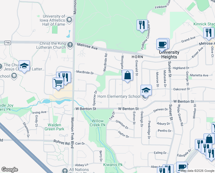 map of restaurants, bars, coffee shops, grocery stores, and more near 753 Keswick Drive in Iowa City