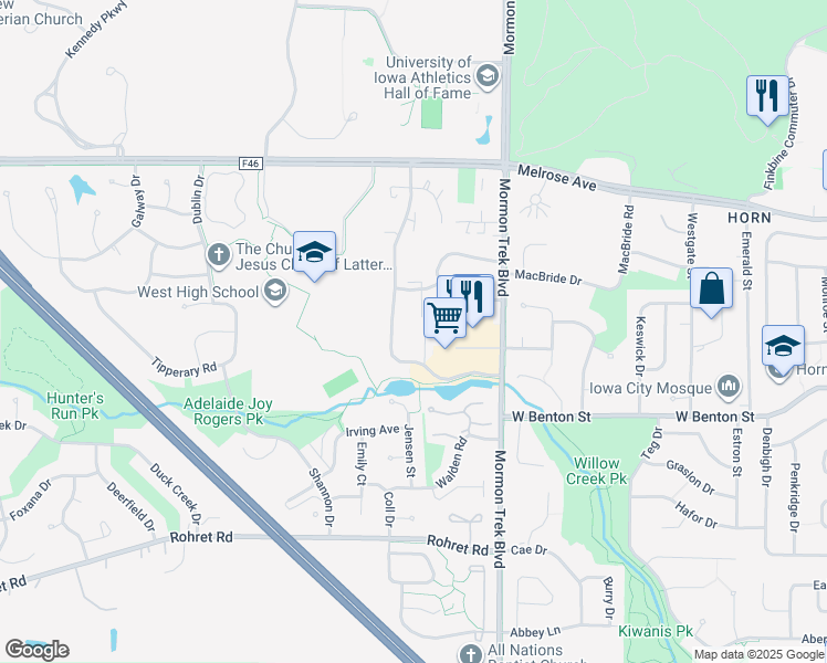 map of restaurants, bars, coffee shops, grocery stores, and more near 734 Westwinds Drive in Iowa City