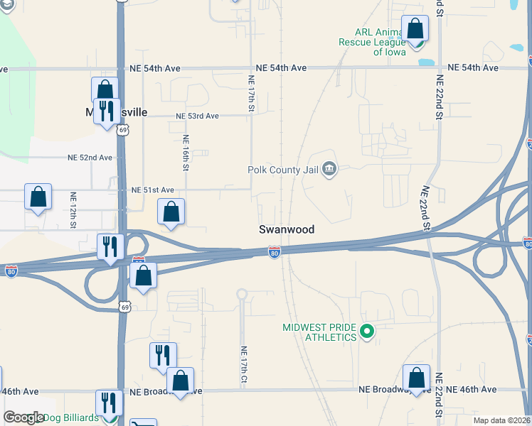 map of restaurants, bars, coffee shops, grocery stores, and more near 5001 Northeast 17th Street in Des Moines