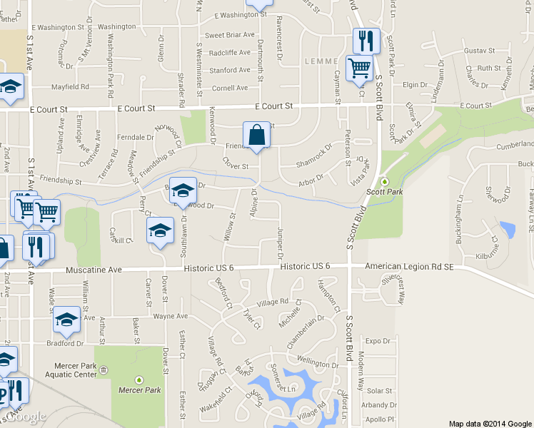 map of restaurants, bars, coffee shops, grocery stores, and more near 3116 Alpine Court in Iowa City