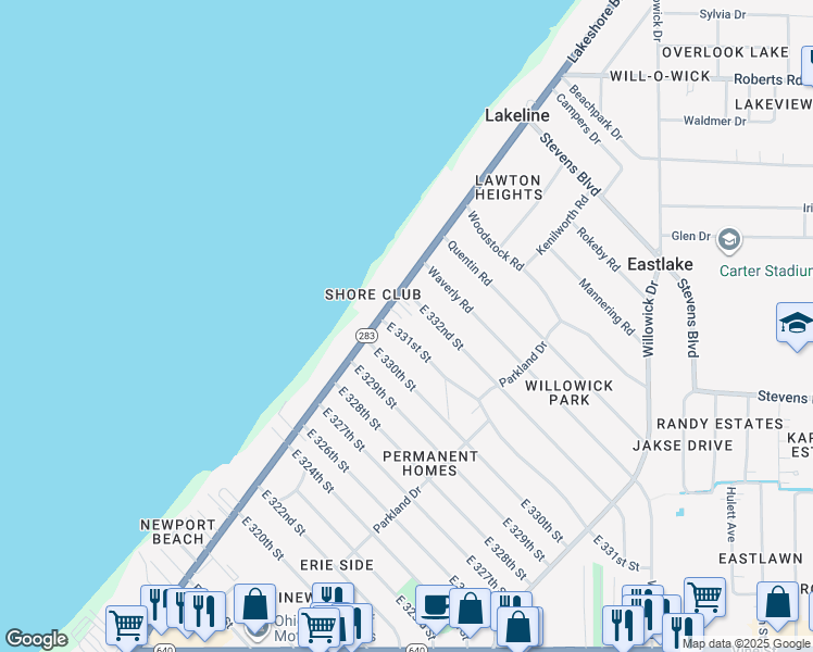 map of restaurants, bars, coffee shops, grocery stores, and more near 303 E 331st St in Eastlake