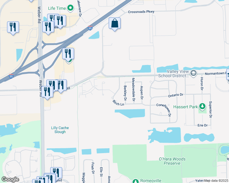 map of restaurants, bars, coffee shops, grocery stores, and more near 1089 Birch Lane in Romeoville