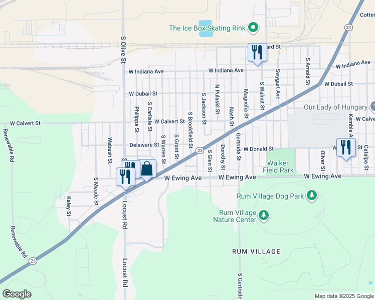 map of restaurants, bars, coffee shops, grocery stores, and more near 2109 South Brookfield Street in South Bend