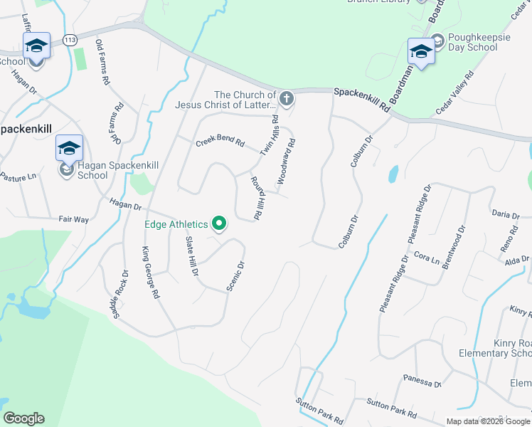 map of restaurants, bars, coffee shops, grocery stores, and more near 15 Round Hill Road in Poughkeepsie