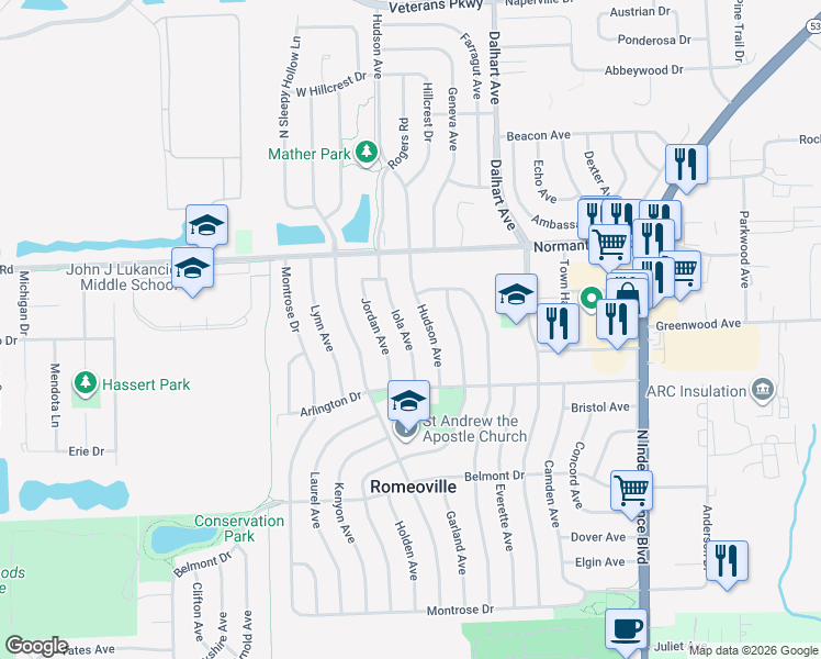 map of restaurants, bars, coffee shops, grocery stores, and more near 616 Hudson Avenue in Romeoville