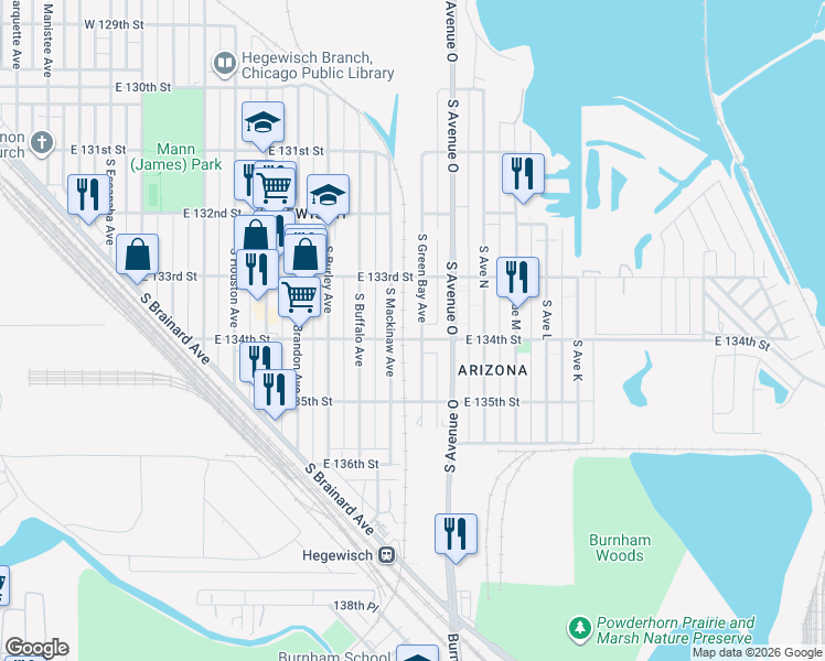map of restaurants, bars, coffee shops, grocery stores, and more near 13346 South Green Bay Avenue in Chicago