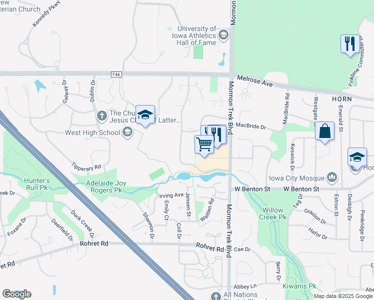 map of restaurants, bars, coffee shops, grocery stores, and more near 808 Westwinds Drive in Iowa City