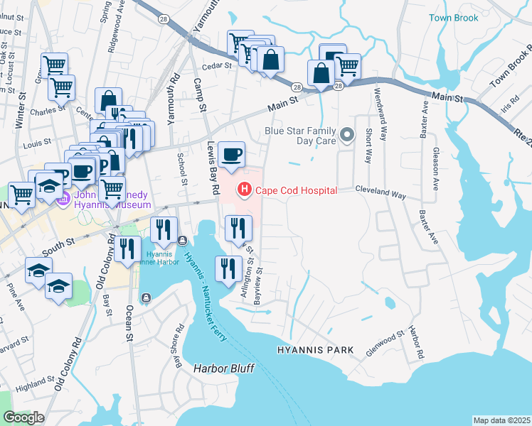 map of restaurants, bars, coffee shops, grocery stores, and more near 86 Bayview Street in Yarmouth