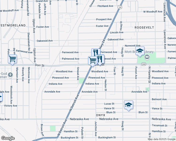 map of restaurants, bars, coffee shops, grocery stores, and more near 1201 North Detroit Avenue in Toledo