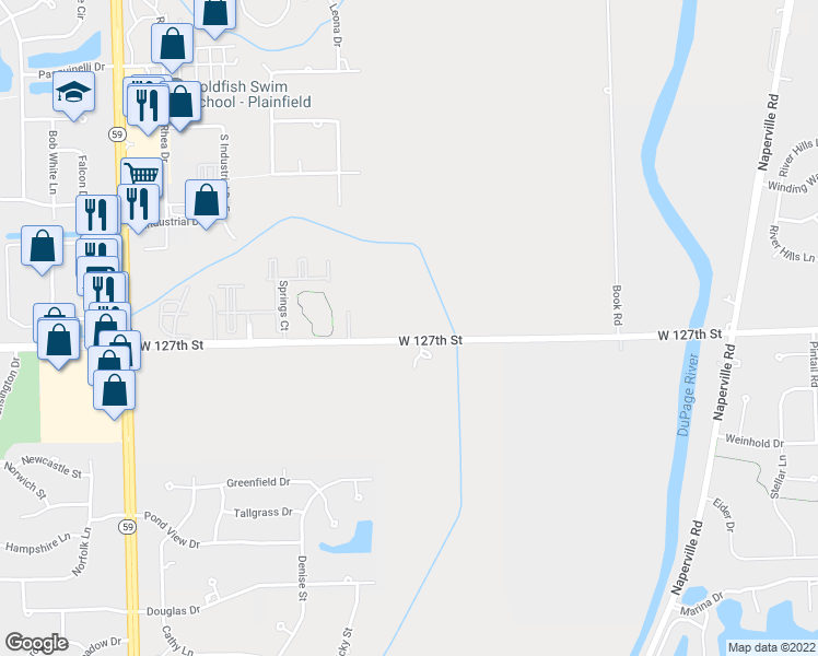 map of restaurants, bars, coffee shops, grocery stores, and more near 23507 West 127th Street in Plainfield