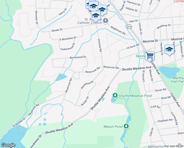 map of restaurants, bars, coffee shops, grocery stores, and more near 146 Reservoir Road in New Britain