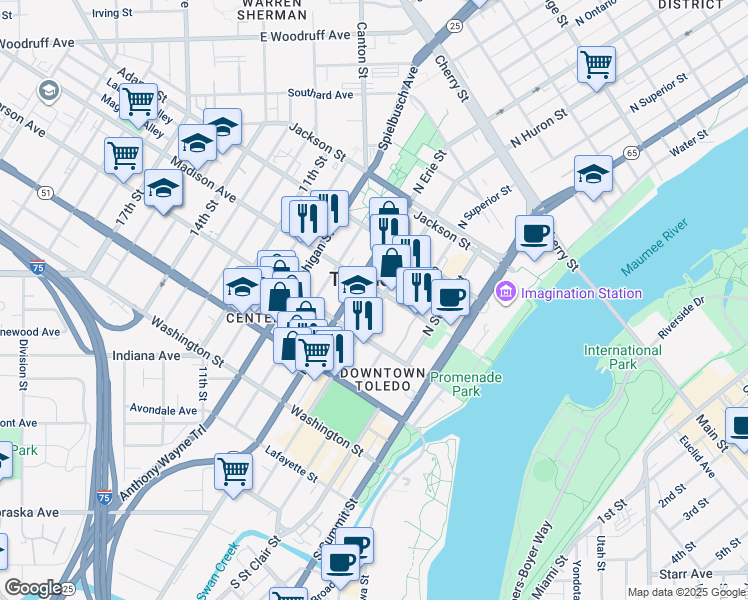 map of restaurants, bars, coffee shops, grocery stores, and more near 228 North Erie Street in Toledo