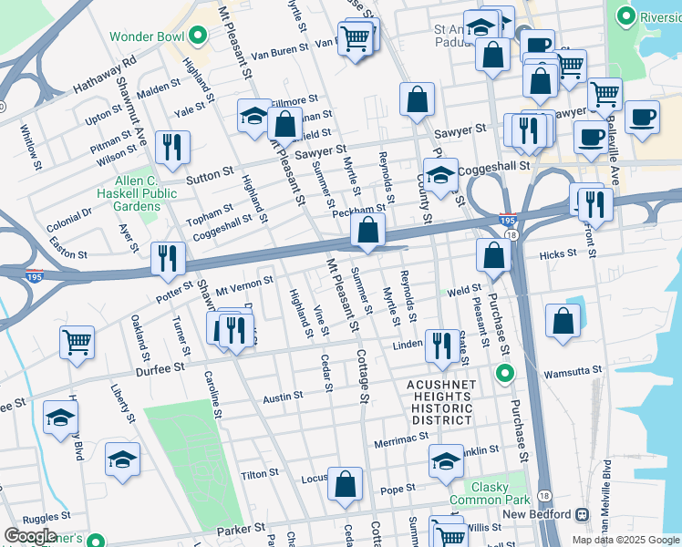 map of restaurants, bars, coffee shops, grocery stores, and more near 124 Mount Pleasant Street in New Bedford