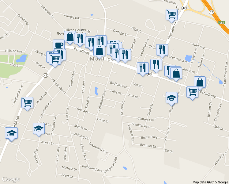 map of restaurants, bars, coffee shops, grocery stores, and more near 19 Lake Street in Monticello