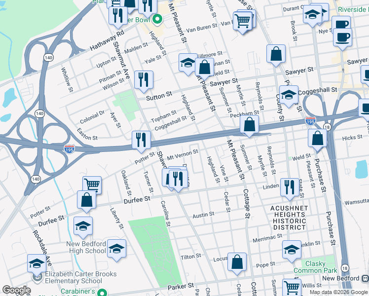 map of restaurants, bars, coffee shops, grocery stores, and more near 102 Dewolf St in New Bedford