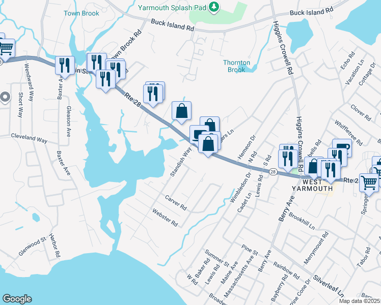 map of restaurants, bars, coffee shops, grocery stores, and more near 10 Standish Way in Yarmouth