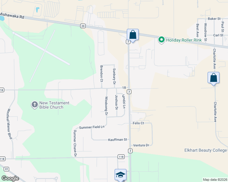 map of restaurants, bars, coffee shops, grocery stores, and more near 58044 Windsong Drive in Elkhart