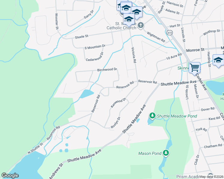 map of restaurants, bars, coffee shops, grocery stores, and more near 192 Reservoir Road in New Britain