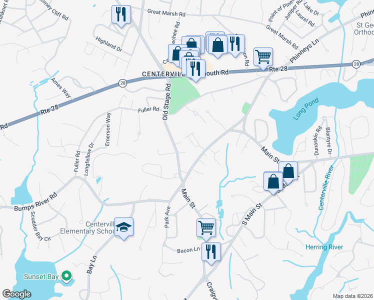 map of restaurants, bars, coffee shops, grocery stores, and more near 70 Old Stage Road in Barnstable