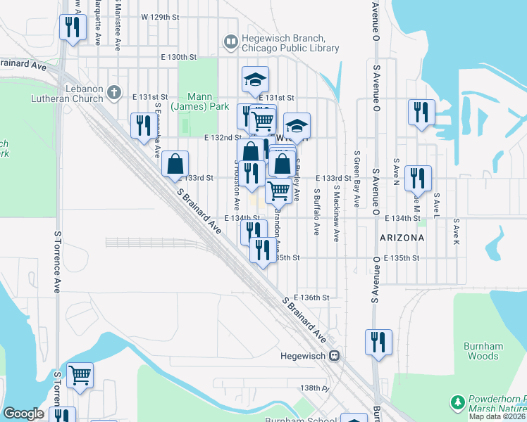 map of restaurants, bars, coffee shops, grocery stores, and more near 13356 South Baltimore Avenue in Chicago
