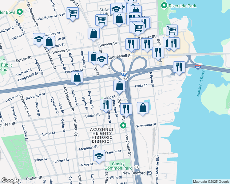 map of restaurants, bars, coffee shops, grocery stores, and more near 1959 Purchase Street in New Bedford