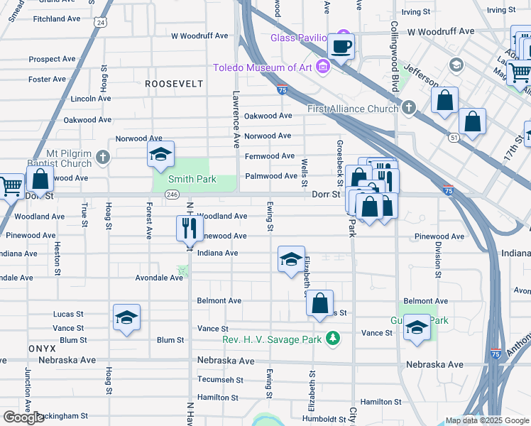 map of restaurants, bars, coffee shops, grocery stores, and more near 824 Woodland Avenue in Toledo