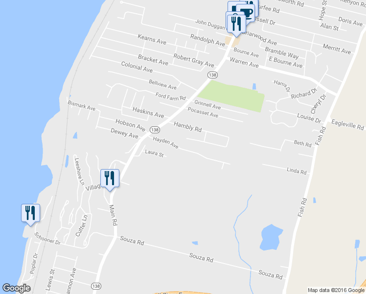 map of restaurants, bars, coffee shops, grocery stores, and more near 90 Hayden Avenue in Tiverton