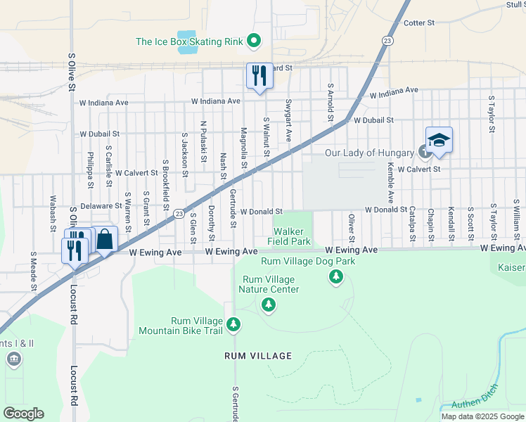 map of restaurants, bars, coffee shops, grocery stores, and more near 1525 Donald in South Bend