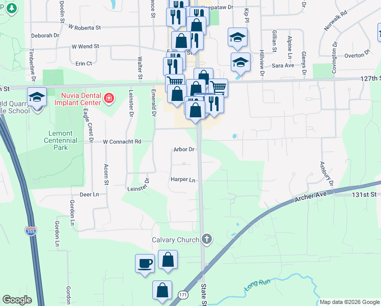 map of restaurants, bars, coffee shops, grocery stores, and more near 1213 Arbor Dr in Lemont