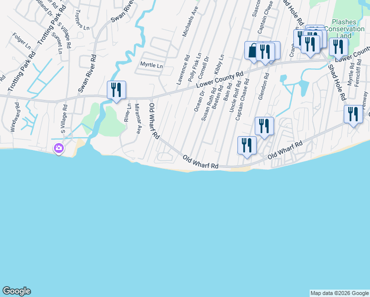 map of restaurants, bars, coffee shops, grocery stores, and more near 89 Beaten Road in Dennis
