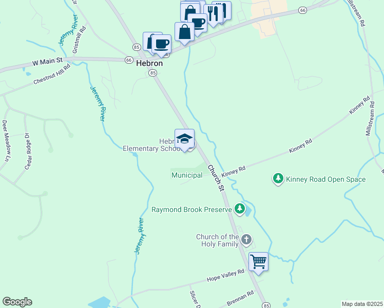 map of restaurants, bars, coffee shops, grocery stores, and more near 92 Church Street in Hebron