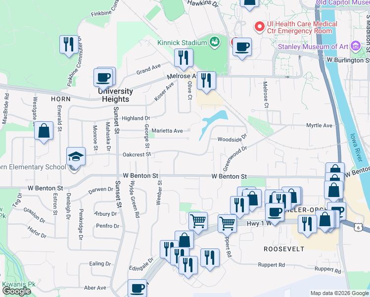 map of restaurants, bars, coffee shops, grocery stores, and more near 1006 Oakcrest Street in Iowa City