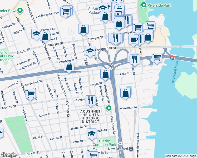 map of restaurants, bars, coffee shops, grocery stores, and more near 1959 Purchase Street in New Bedford