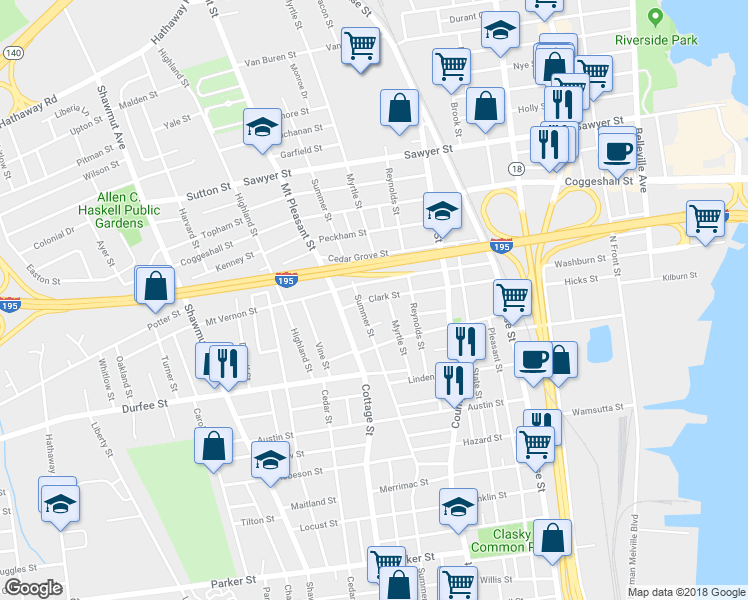 map of restaurants, bars, coffee shops, grocery stores, and more near 116 Clark Street in New Bedford