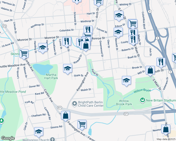 map of restaurants, bars, coffee shops, grocery stores, and more near 101 Kensington Avenue in New Britain