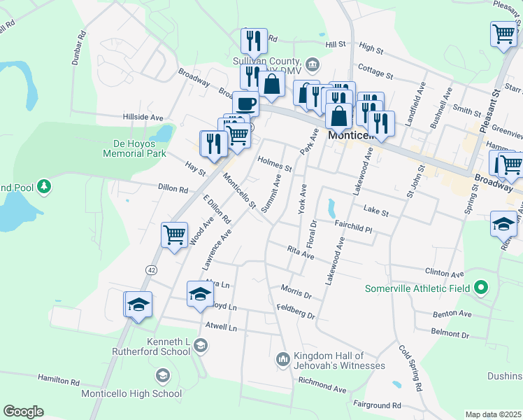 map of restaurants, bars, coffee shops, grocery stores, and more near 16 Monticello Street in Monticello