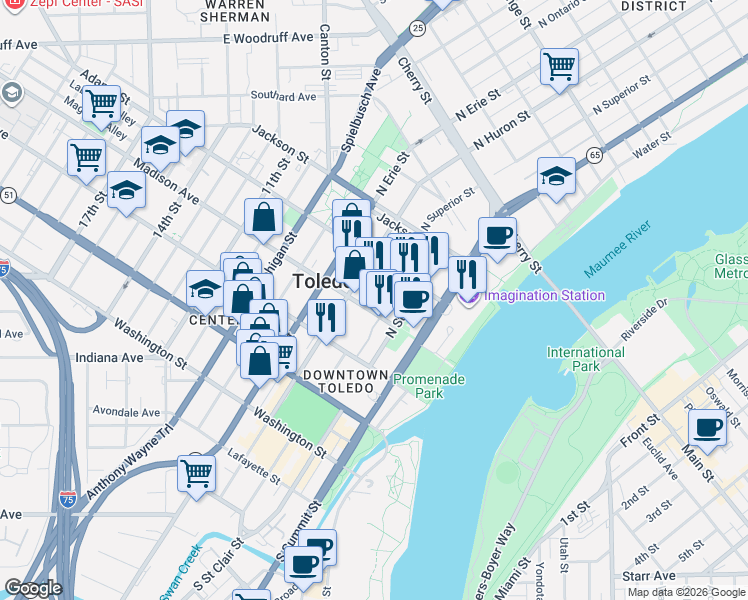map of restaurants, bars, coffee shops, grocery stores, and more near in Toledo