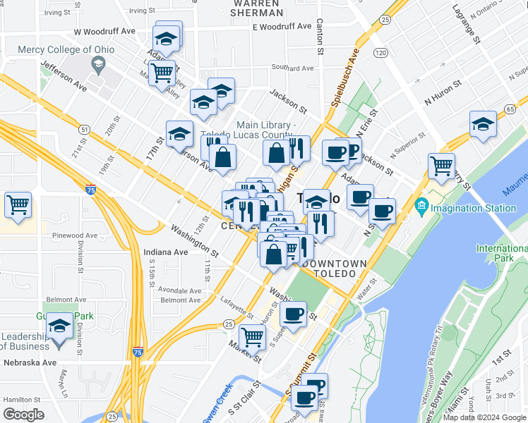 map of restaurants, bars, coffee shops, grocery stores, and more near in Toledo