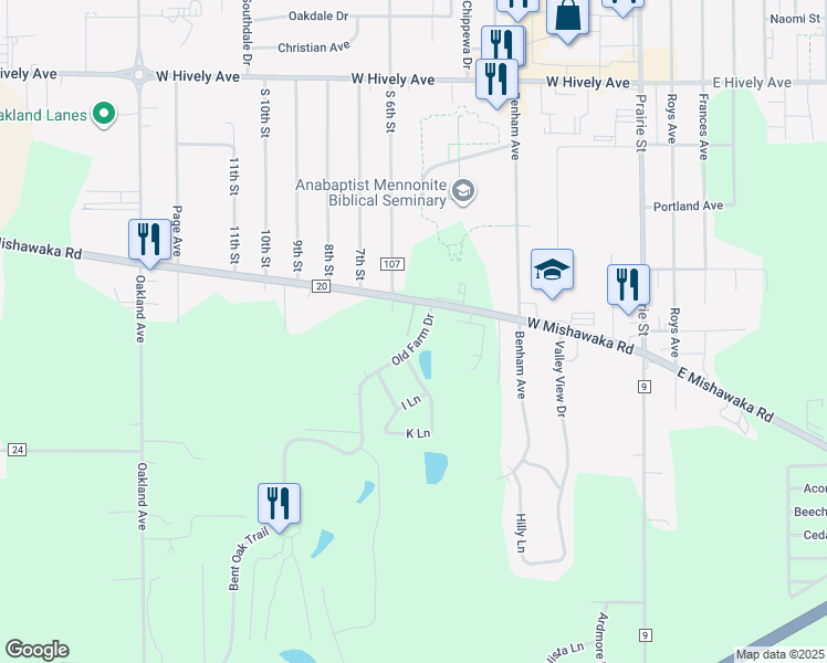 map of restaurants, bars, coffee shops, grocery stores, and more near 3314 C Lane in Elkhart