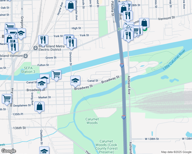 map of restaurants, bars, coffee shops, grocery stores, and more near 1805 Canal Street in Blue Island