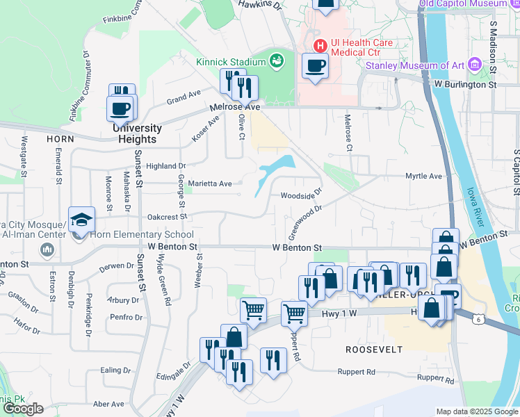 map of restaurants, bars, coffee shops, grocery stores, and more near 1000 Oakcrest Street in Iowa City