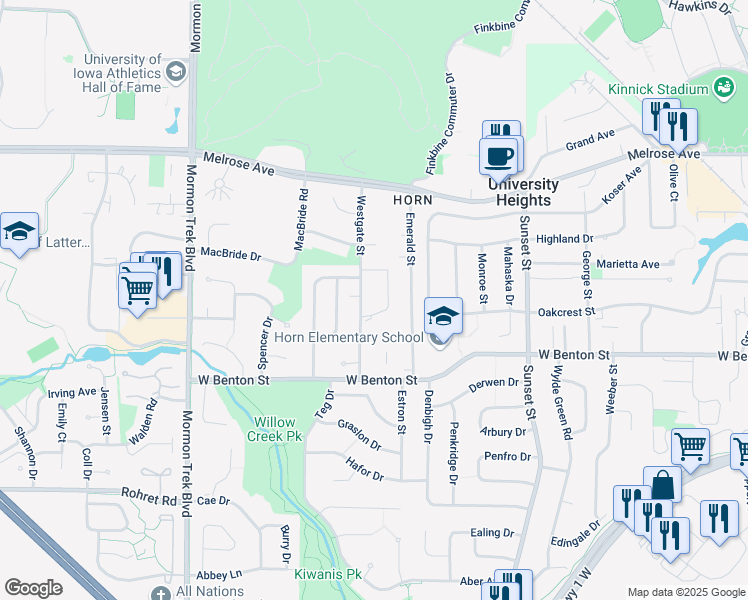 map of restaurants, bars, coffee shops, grocery stores, and more near 636 Westgate Street in Iowa City