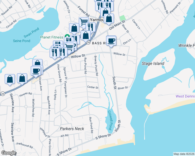 map of restaurants, bars, coffee shops, grocery stores, and more near 48 Breezy Point Road in Yarmouth