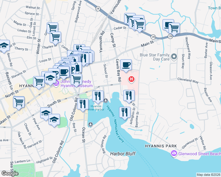 map of restaurants, bars, coffee shops, grocery stores, and more near 110 School Street in Barnstable