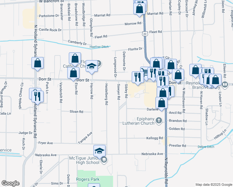 map of restaurants, bars, coffee shops, grocery stores, and more near 1131 Sawyer Road in Toledo