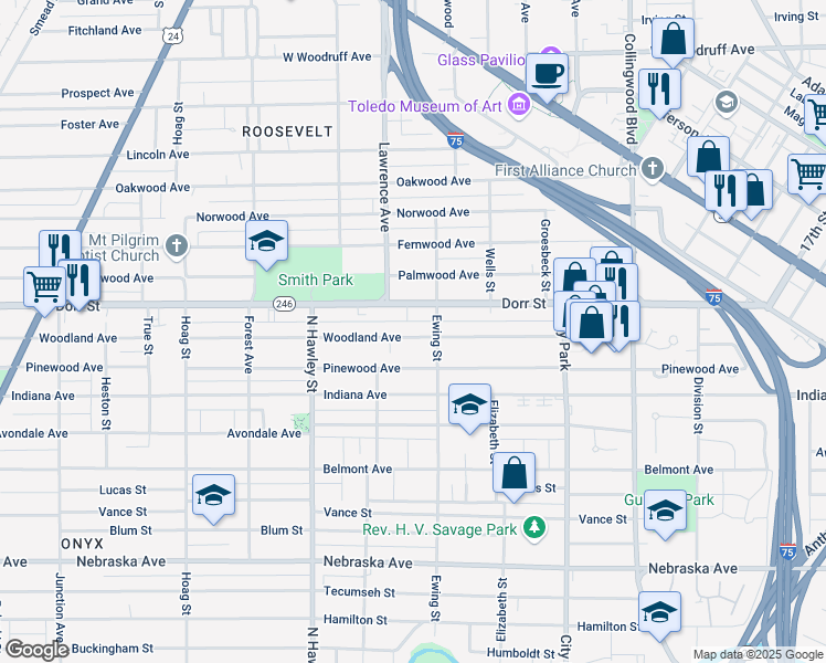 map of restaurants, bars, coffee shops, grocery stores, and more near 824 Woodland Avenue in Toledo