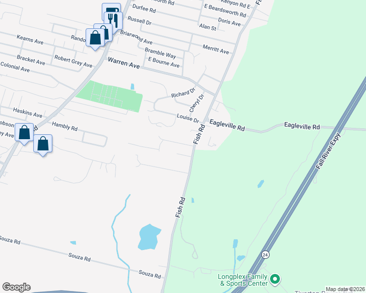 map of restaurants, bars, coffee shops, grocery stores, and more near 34 Beth Road in Tiverton